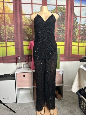 MARINA Black Sequin Ruched Spaghetti-Strap Prom Gown